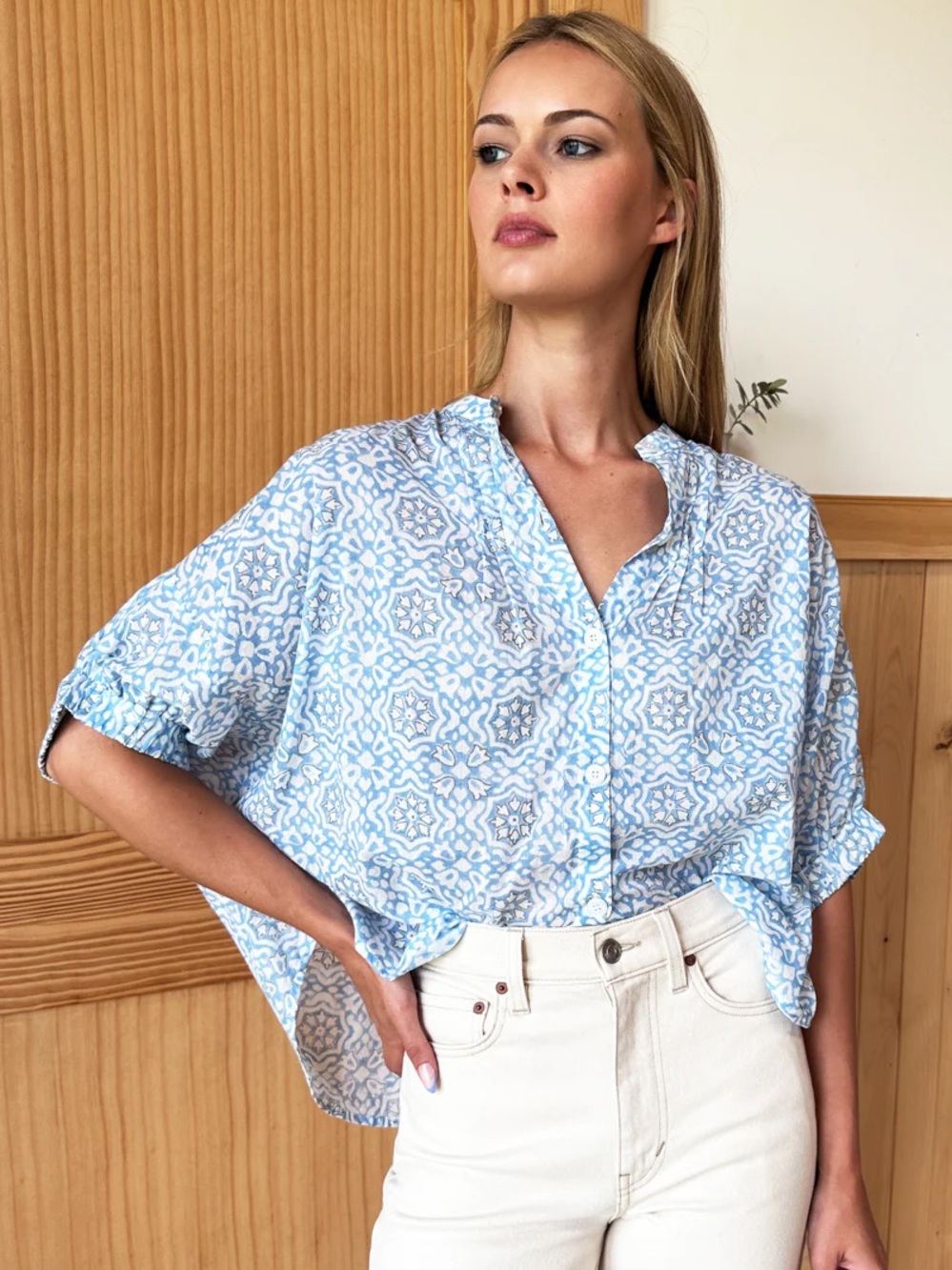 Emerson Fry MANDARIN COLLAR TOP - GEO FLOWER BLUE ORGANIC